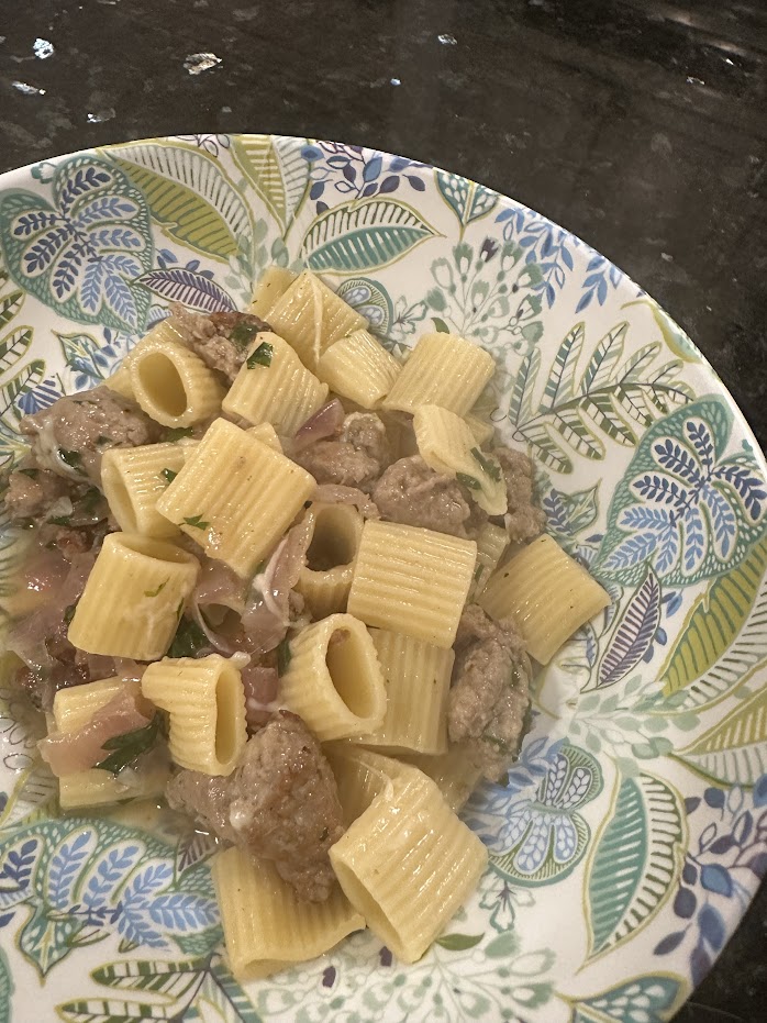 Parmesan Rigatoni with Sausage, Red Onions and Parsley